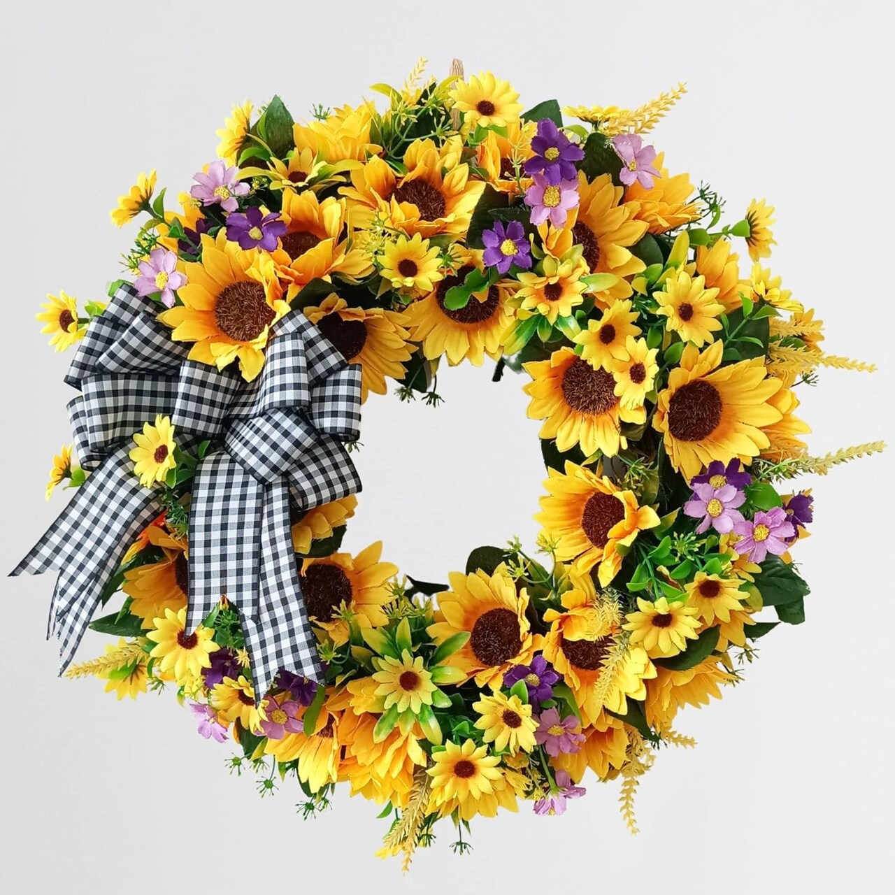 Sunflower Wreaths for Front Door,18 inch Yellow Spring and Summer Door Wreath with Bow, Handmade Silk Sunflower Decor for Home Party Festival Wedding Decor
